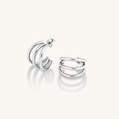 Three Layer Line Hoop Earrings Silver